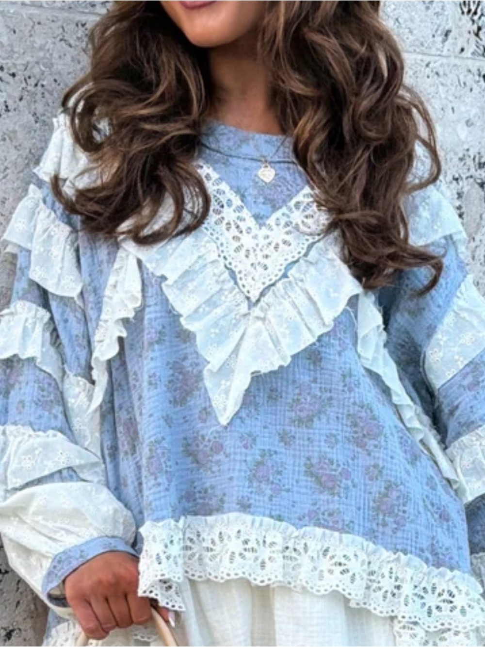 POL X YDS Light Blue Floral Ruffle Lace Blouse - Women Tops! L